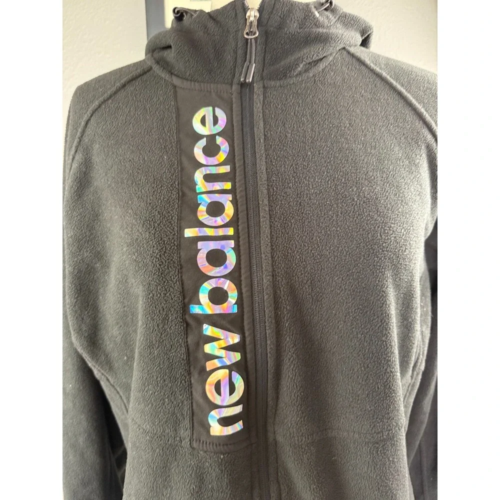 New Balance Womens Black Full Zip Fleece Hoodie Holographic Logo XLarge